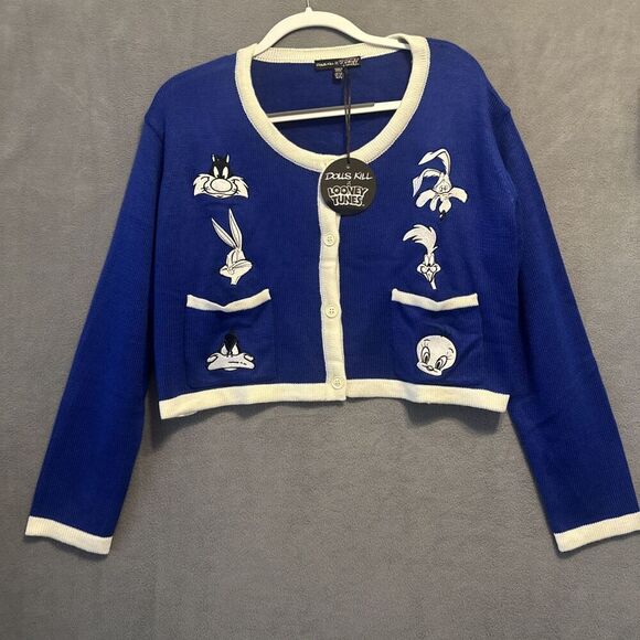 NWT Dolls Kill X Looney Tunes Cropped Cardigan Sweater Womens Plus Size 1X Blue - Picture 1 of 7